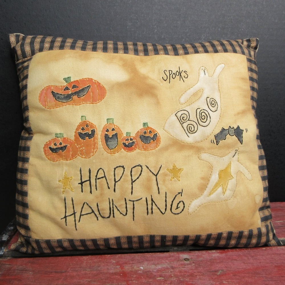 Primitive Happy Haunting Halloween Pillow Jack-O-Lantern Ghosts Decor Tan Orange